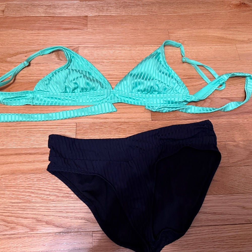 BDG Green and Black Bikini Set with Textured Top